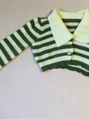 Kids Striped Knit Cropped Cardigan - Olive & Cream